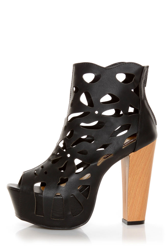 Shoe Republic LA Versa Black Laser Cutout Platform Booties
