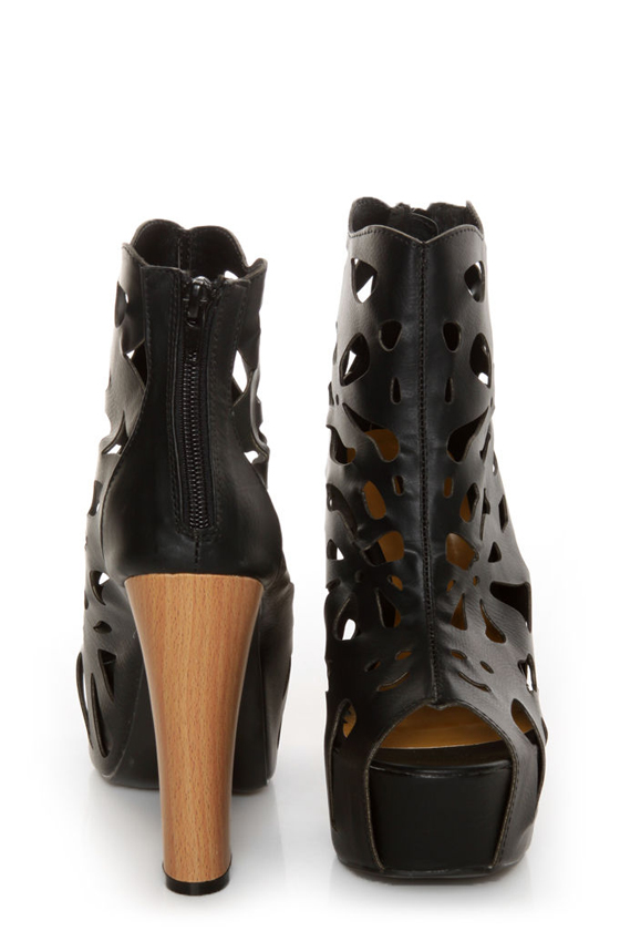 Shoe Republic LA Versa Black Laser Cutout Platform Booties