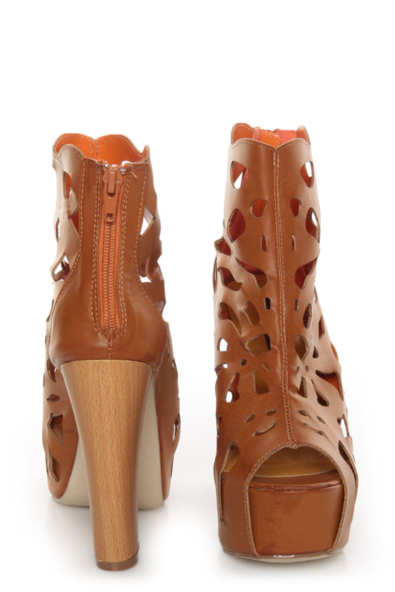 Shoe Republic LA Versa Tan Laser Cutout Platform Booties