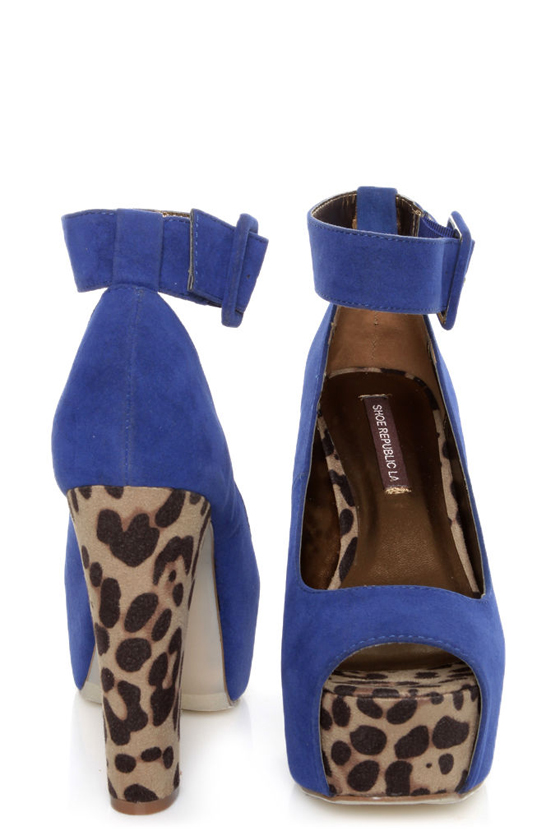 Shoe Republic LA Vicenza Blue and Leopard Platform Heels