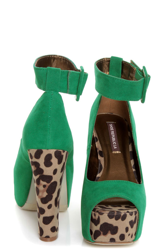 Shoe Republic LA Vicenza Green and Leopard Platform Heels
