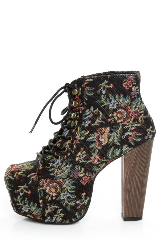 Shoe Republic LA Visalia Black Floral Tapestry Platform Booties - $53.