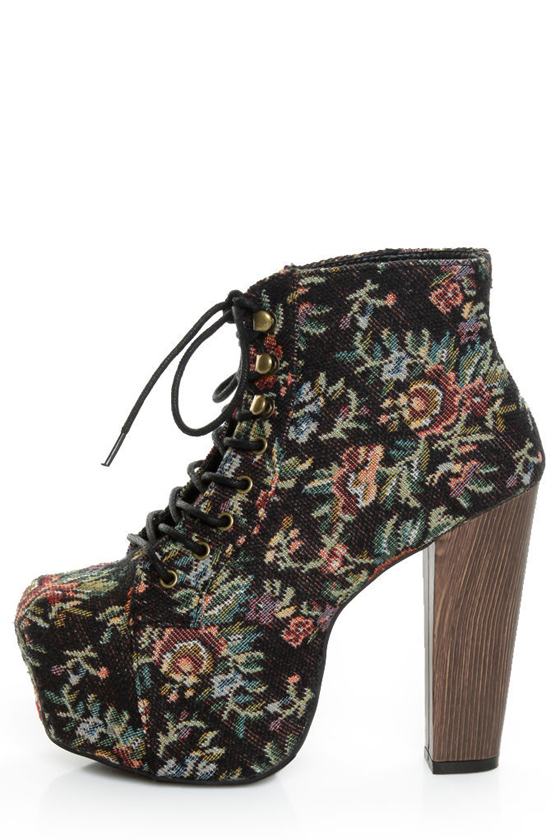 Shoe Republic LA Visalia Black Floral Tapestry Platform Booties