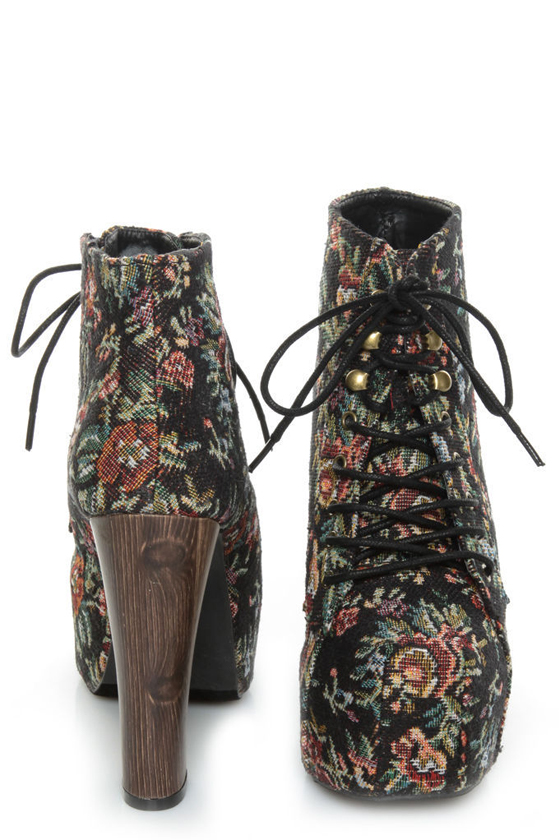 Shoe Republic LA Visalia Black Floral Tapestry Platform Booties
