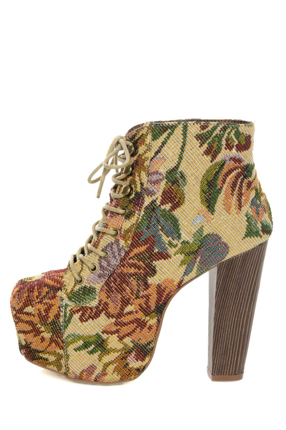 Shoe Republic LA Visalia Gold Floral Tapestry Platform Booties