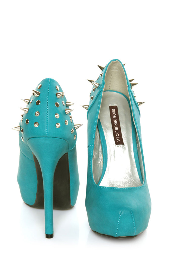 Shoe Republic LA Volta Turquoise Spikes and Studs Platform Pumps