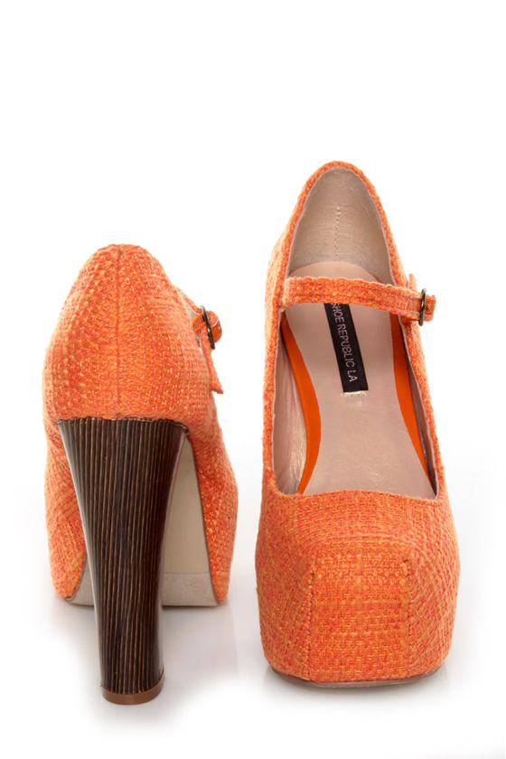 Shoe Republic LA Grand Orange Tweed Mary Jane Platform Heels
