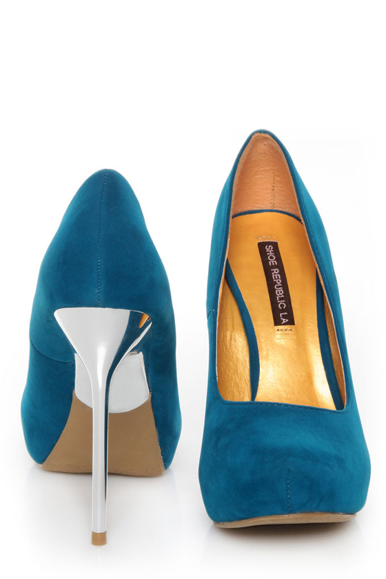 Shoe Republic LA Melody Teal Silver Stiletto Pumps
