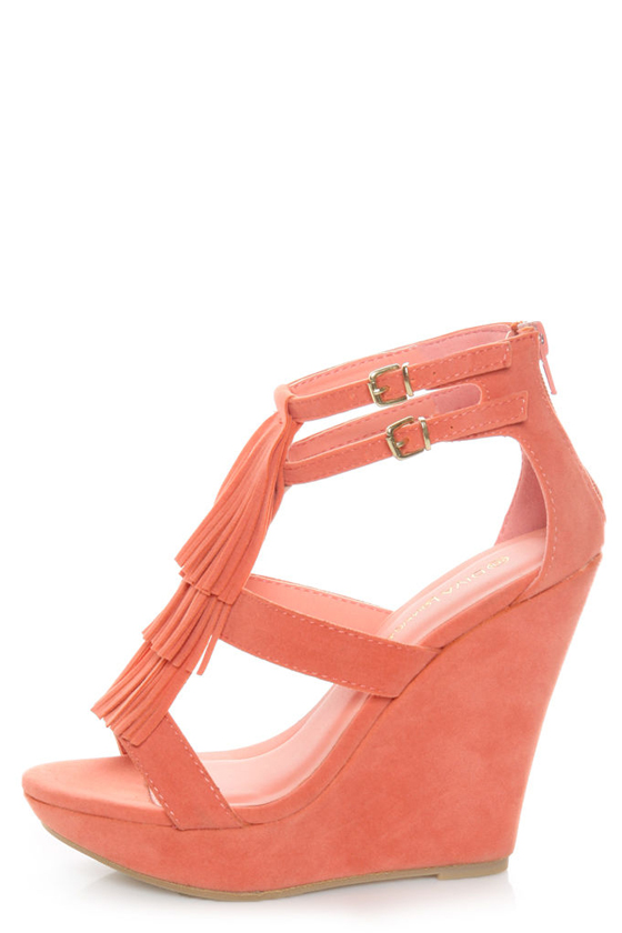 Diva Lounge Lalana 17 Coral Fringe T-Strap Platform Wedges
