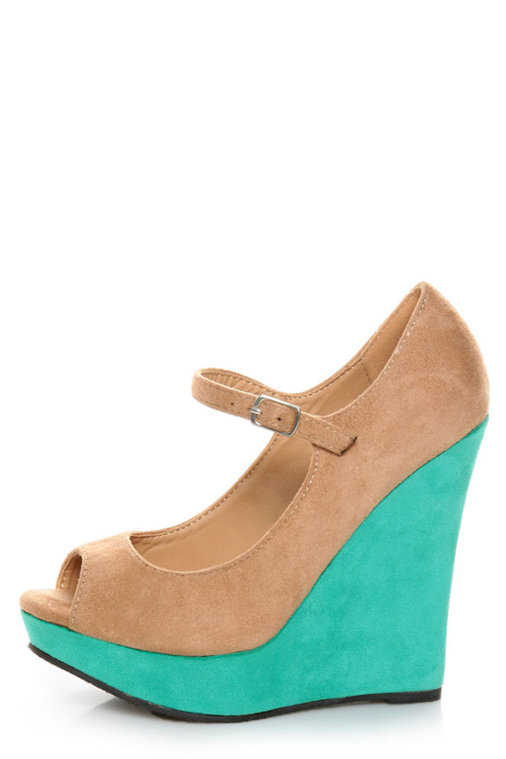 Diva Lounge Madison 07 Tan and Turquoise Peep Toe Wedges