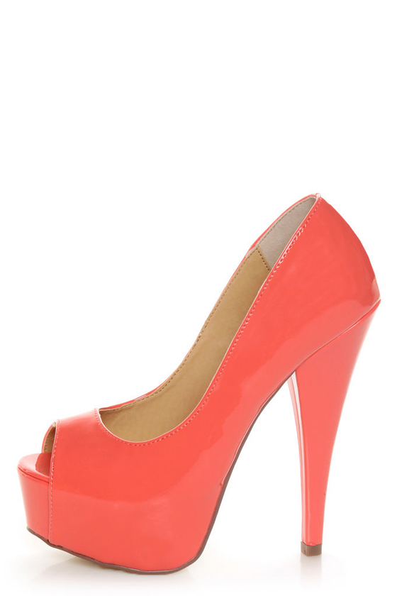 Diva Lounge Paloma 2 Hot Coral Patent Peep Toe Platform Pumps