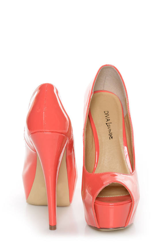 Diva Lounge Paloma 2 Hot Coral Patent Peep Toe Platform Pumps