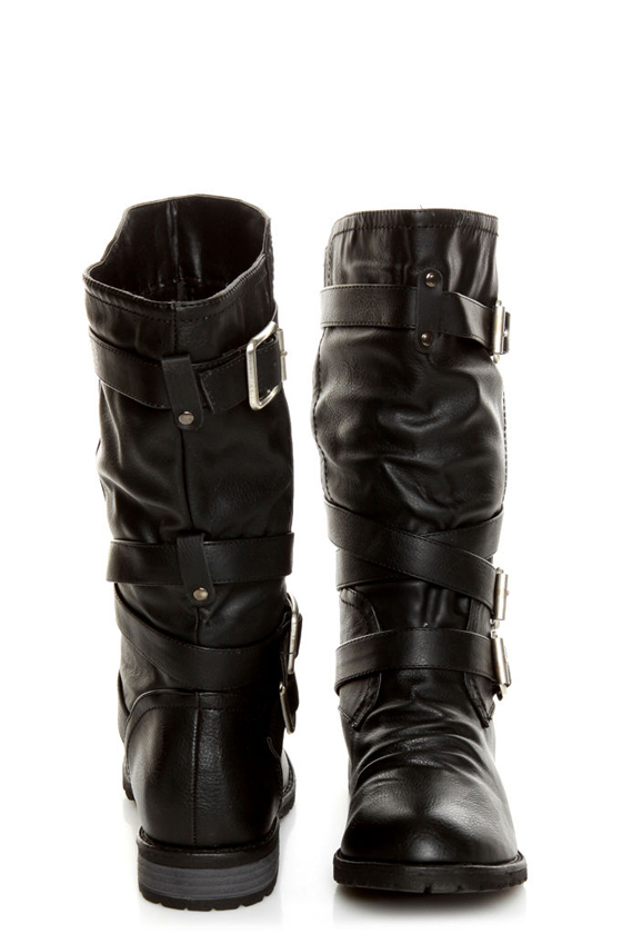 Diva Lounge Tina 13A Black Slouchy Belted Combat Boots