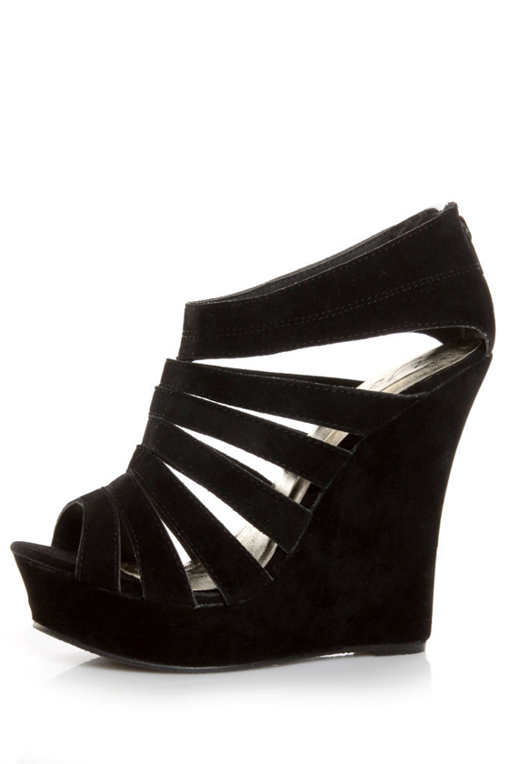 Yoki Alyson Black Velvety Platform Cage Wedges