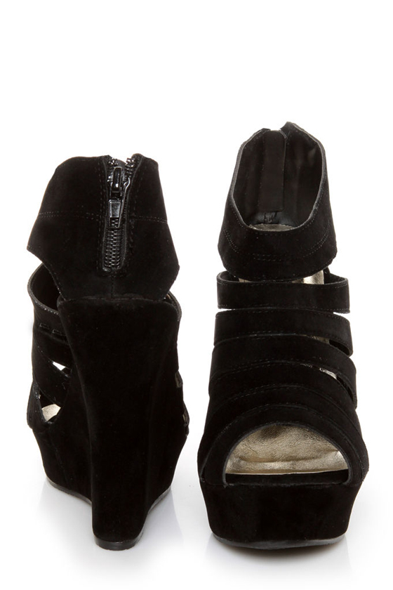 Yoki Alyson Black Velvety Platform Cage Wedges