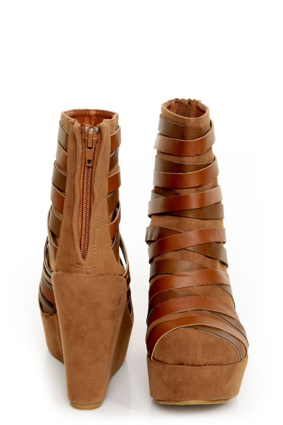 Yoki Campbell Rust Tan Strappy Wedge Ankle Booties