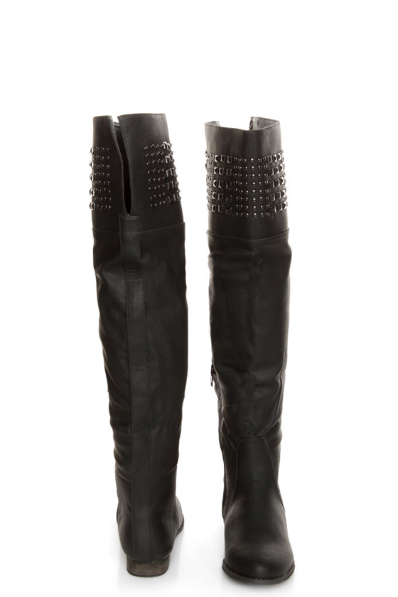 Yoki Giada Black Studded Over-the-Knee Boots