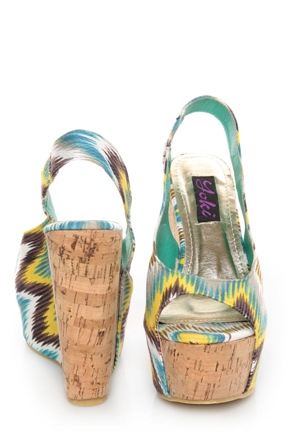 Yoki Larly 12 Blue Ikat Print Slingback Platform Wedges