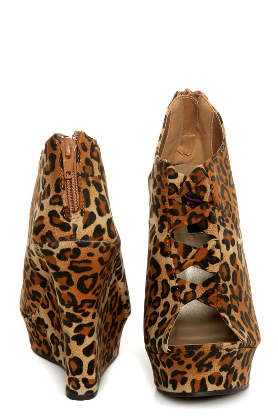 Yoki Miriam Leopard Cutout Peep Toe Shootie Wedges