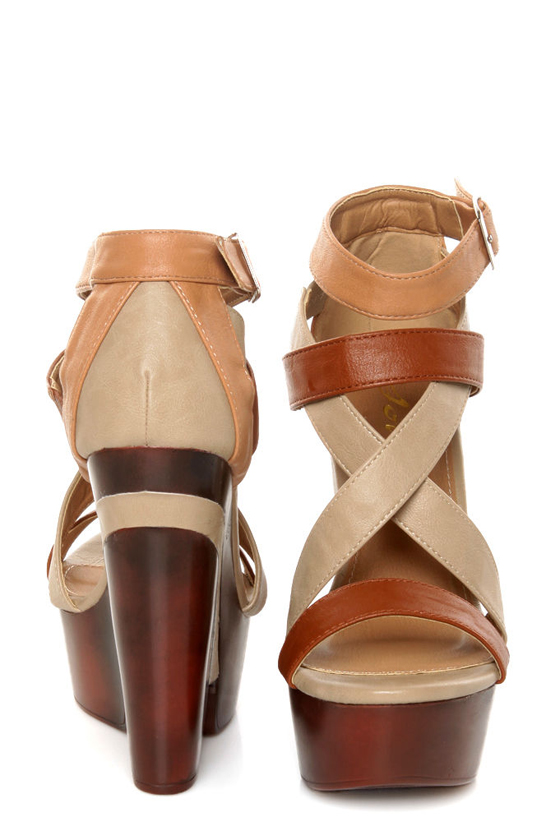 Yoki Mogan Beige Color Block Strappy Cutout Platforms