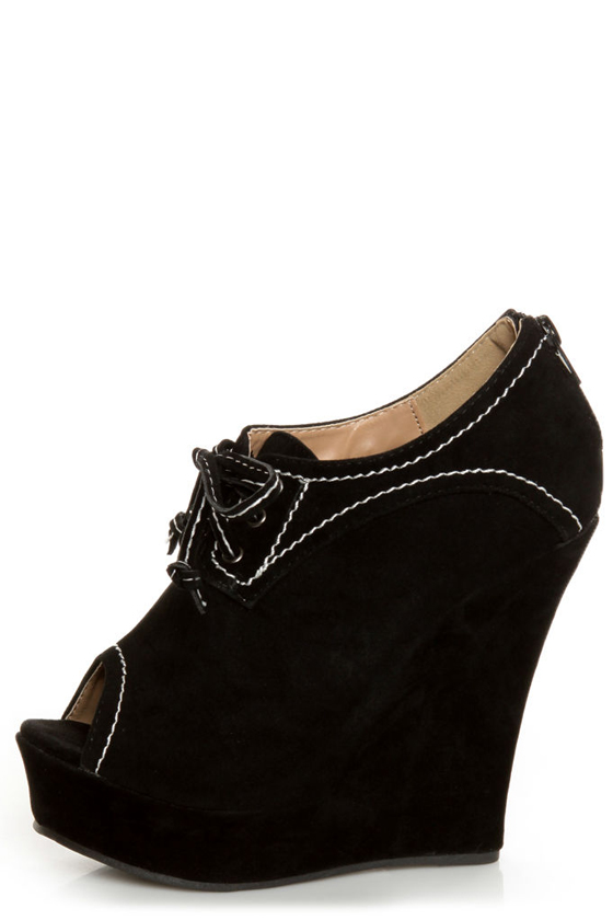 Yoki Stellar Black Top-Stitched Lace-Up Peep Toe Wedges