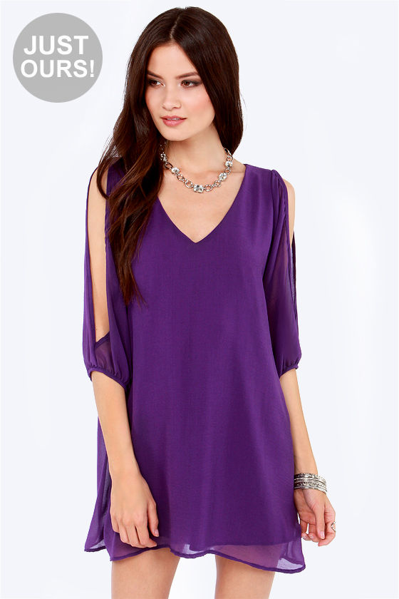 purple cold shoulder dress