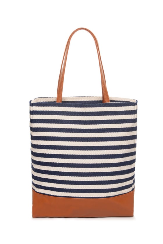 navy and white striped beach bag