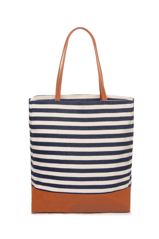 Beach Bum Navy Blue Striped Canvas Tote