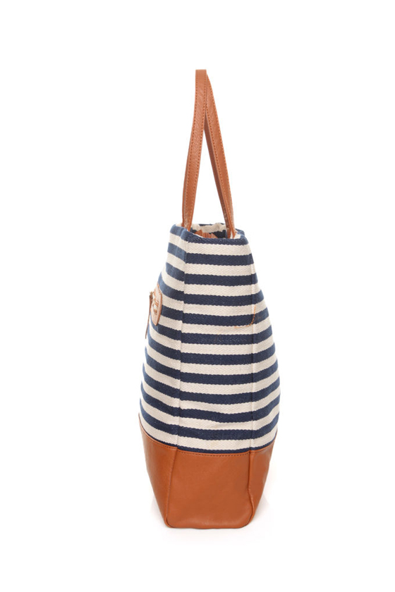 Beach Bum Navy Blue Striped Canvas Tote