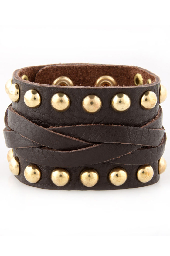 Fight for It Dark Brown Studded Leather Cuff