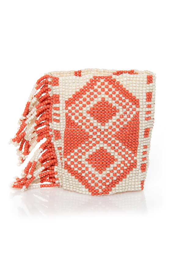 Happy Solstice Ivory and Coral Beaded Cuff