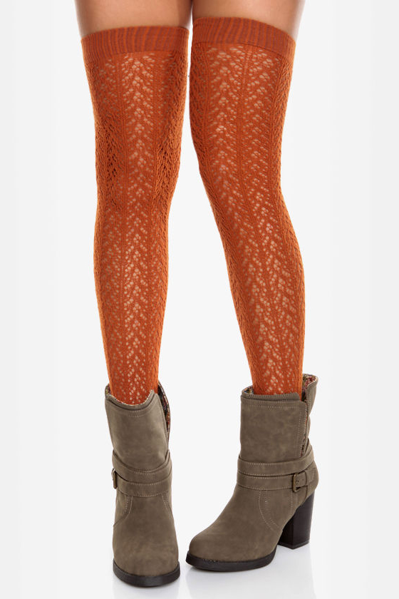 Tabbisocks Kawaii Crocheted Burnt Orange Over the Knee Socks