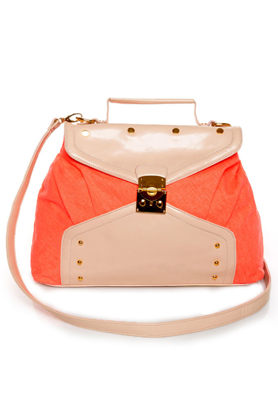 Ne-Ongoing News Blush and Neon Coral Handbag