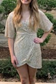 This was a HOCO hit! Fit perfectly. Especially loved the way the sleeves fell. We did add a small safety pin to the slit at the bottom and to the V neck. Ordered size small and am usually a size 4. - Karen H.