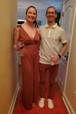 This jumpsuit is amazing! It fits true to size with adjustable straps. I felt like a million bucks in this thing and got more compliments in it than I did on my own wedding day. The material is a bit thin so a good shapewear might be needed if you're worried about your stomach area or pantylines. I wore boob tape with it and it worked perfect. Overall - I can't recommend this jumpsuit enough! I can't wait to find somewhere to wear it again. - Kristin M.