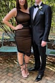 I wore this dress to a wedding and received many compliments. It is form fitting, but flattering. I am usually between a small and medium and ordered a medium. The medium was the right size; the small would have been too small. Undergarments lines are visible with this dress, so plan accordingly. This dress is good for various occasions. - Sara C.