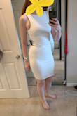 Usually I'm a medium in fit & flare dresses, but definitely would need a large for me to be comfortable. Was long enough for tall girls, and I would consider ordering a different color for a future event - Emily M.