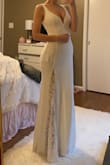 This dress was amazing. The material was well made and thick yet see though. A white bra showed clear through the dress but nude KT tape did not. I got a lot of compliments on this. I am 5'4.5" and wore 4" heels and the dress came perfectly to the floor. The zipper is tight and it did get stuck the first time. - Quin S.