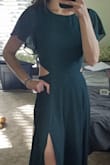 I felt like a million dollars in this dress! Waist cutouts and slit are sexy but tasteful. The green was perfect for a fall wedding. It was very comfortable and I wore normal bra and underwear (yes!) Unfortunately this dress was LONG. At 5'8" I never have this problem, especially ordering a small, but I should have hemmed it. I wore kitten heels and STILL walked on it.  That's my only complaint. - Brooke R.