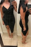I feel SO beautiful in this dress!! It fits true to size and is very stretchy. I love how the legs are 2 different lengths. I just feel ravishing in it. The way it lays is so flattering on the body too. This picture is without shapewear. After I put my spanx on it was even better!! - Samantha G.