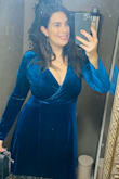 The material inside is like butter and outside gives an irresistible sheen. So many compliments. Very long and elegant. Wore to a Military Formal Event. My husband was pleased. Excuse my dirty mirror lol! Have fun! - Naomi G.