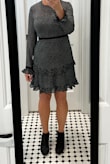 The fit was perfect. Loved the tiered bottom. Got many compliments when I wore it to a wedding in November. Wore it with black stockings and black ankle boots. But it also looks great with dressy heels. - Diane B.