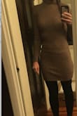 Sometimes Lulus sweater dresses have been hit or miss for me; even if they look beautiful in the pictures, sometimes they've been too big to have that form-fitting, huggy soft feeling and look, but this one is perfect. I'm between an XS and an S in most items, so I sized down to an XS for this one. It's light, soft, but still warm, the collar isn't so tight that it chokes (an issue I've had in the past), it stretches and conforms to curves, and it's a lovely autumn comfort item. The color is lovely. I ordered another one because I don't want to be afraid to wear it out. Sometimes I "save" favorite items and never wear them. Really nice piece. 

I'm also including a photo, even though in general I don't like sharing photos, ever, and especially not any that show my bumps and curves, but I believe that women have bodies and that we should stop being ashamed of them, and stop sharing only the photos where we look as we think we should. - Lisa S.