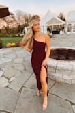 This dress is beautiful. I'm 5'4", 135lb and small fit perfectly. The dress is stretchy so I would not size up if deciding between sizes! - Abbey M.
