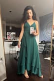 Wore this dress to a fall wedding and got countless compliments. The color is flattering for so many skin tones. The slit is flirty yet classy. The material is airy yet keeps everything together. I wore sticky boobs under it at first, but switched to a strapless bra for more support. The back straps allow you to adjust the dress to fit your body perfectly. Highly recommend!! - Katherine S.