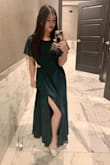 Beautiful dress, got lots of compliments! I tried a small and a medium - the small was too small on the top, perfect on the bottom; the medium was perfect on top, too big on the bottom. Went with the medium, had to get it hemmed a few inches (even after it was hemmed, I was still tripping over it on stairs, etc, the material is heavy and hangs straight down). I also got the leg slit cut a little higher, it sat too low on my leg to even show my leg. Definitely recommend choosing your size based on your chest/torso, the skirt was much too big on my waist but you couldn't even tell because of the opening. - Rachel M.