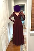 This was a beautiful dress and I was impressed with the quality for the price. The skirt is heavy and full. I can usually wear a Small/4 in full-skirt dresses, and this S fit alright. It zipped fine, but I confess there was a bit of back muffin top? If that's a thing?
The lace bodice was nice, but didn't work with my body type. The sleeves fit great, but everything else was off on top -- the bust gaping, but somehow also too tight for me to raise my arms. Perhaps because I wasn't filling it out in front, the back lace also laid lumpily. Disappointing, unfortunately, but would be great on someone else. - Emily D.