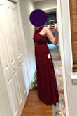 Out of several tries I picked this gown for a winter wedding... The halter is a little heavier than I'd like, but overall it's a quality dress that fits well. Skims the ground with a 3" heel, and I felt secure without a bra. - Emily D.