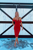 The dress fit perfectly. I was a little worried about the top falling down, but it did not!! Material is comfortable, but when choosing undergarments go with seamless! - Danielle G.