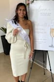 I wore this dress for my bridal shower. It was perfect for a mild December day. I received so many compliments. I usually wear a medium but I ordered a small because the material is stretchy and I think the medium would have fit but would have been a little baggier. The small was a perfect fit. - Gabriella G.